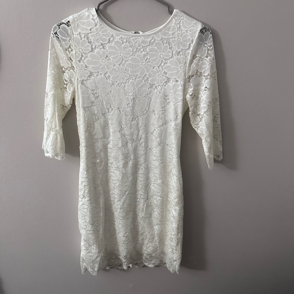 Accidentally In Love Cream Sheath Dress 3/4 Sleeve Crew Neck